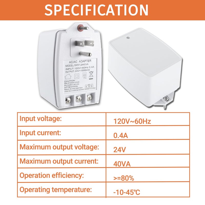 JAMHER 24 Volt Doorbell Transformer 24VAC 40VA 1666mA Plug in Transformer with PTC Fuse Compatible with Nest Ecobee Sensi and Honeywell Thermostat and All Versions of Ring Doorbell - Image 2